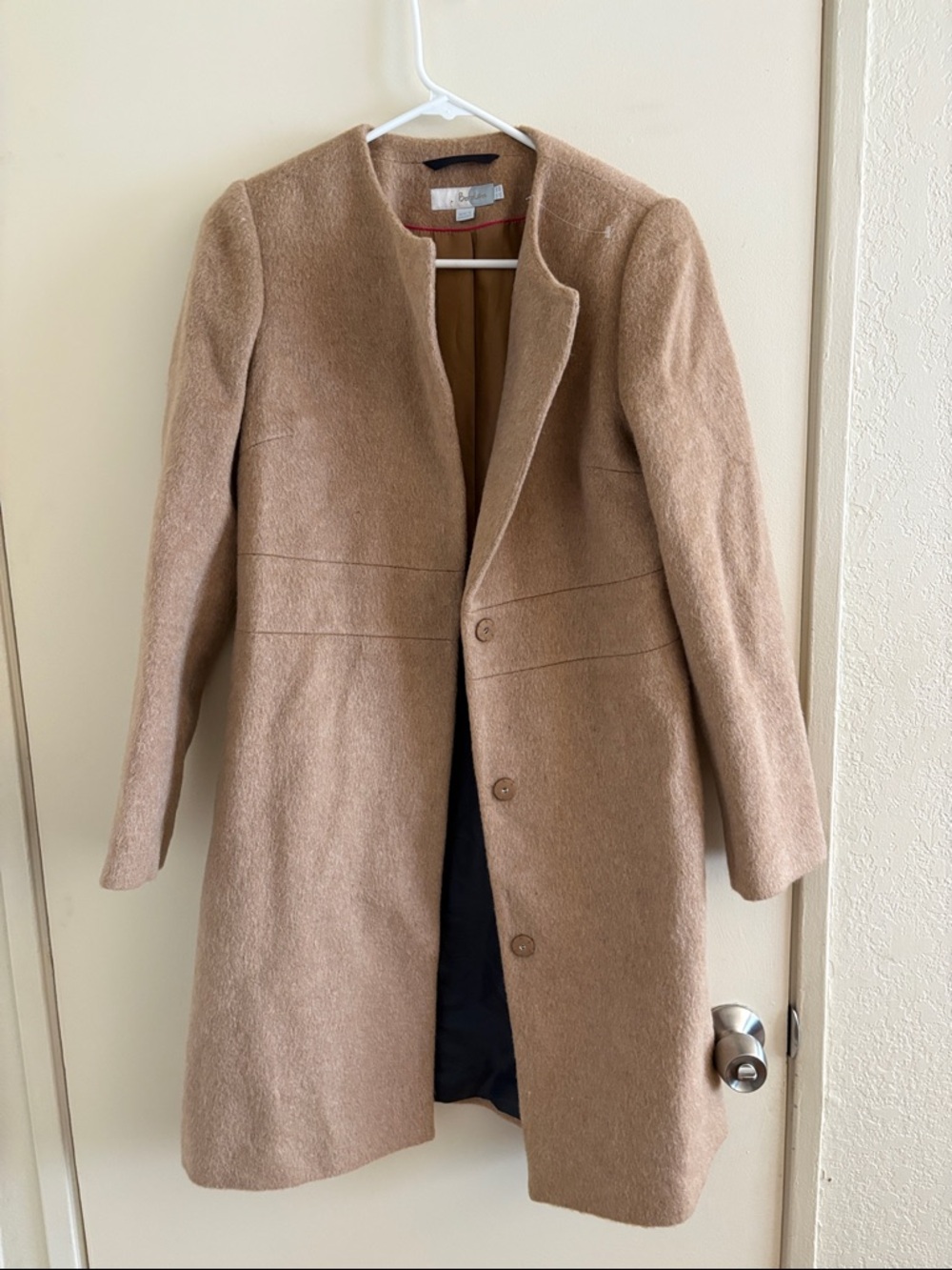 Boden Camel Wool Collarless Trench Coat